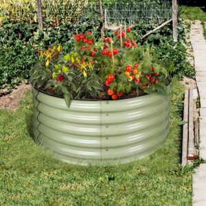 17" Tall, 42" Round Galvanized Raised Garden Bed, Sage Green - Ollegardens