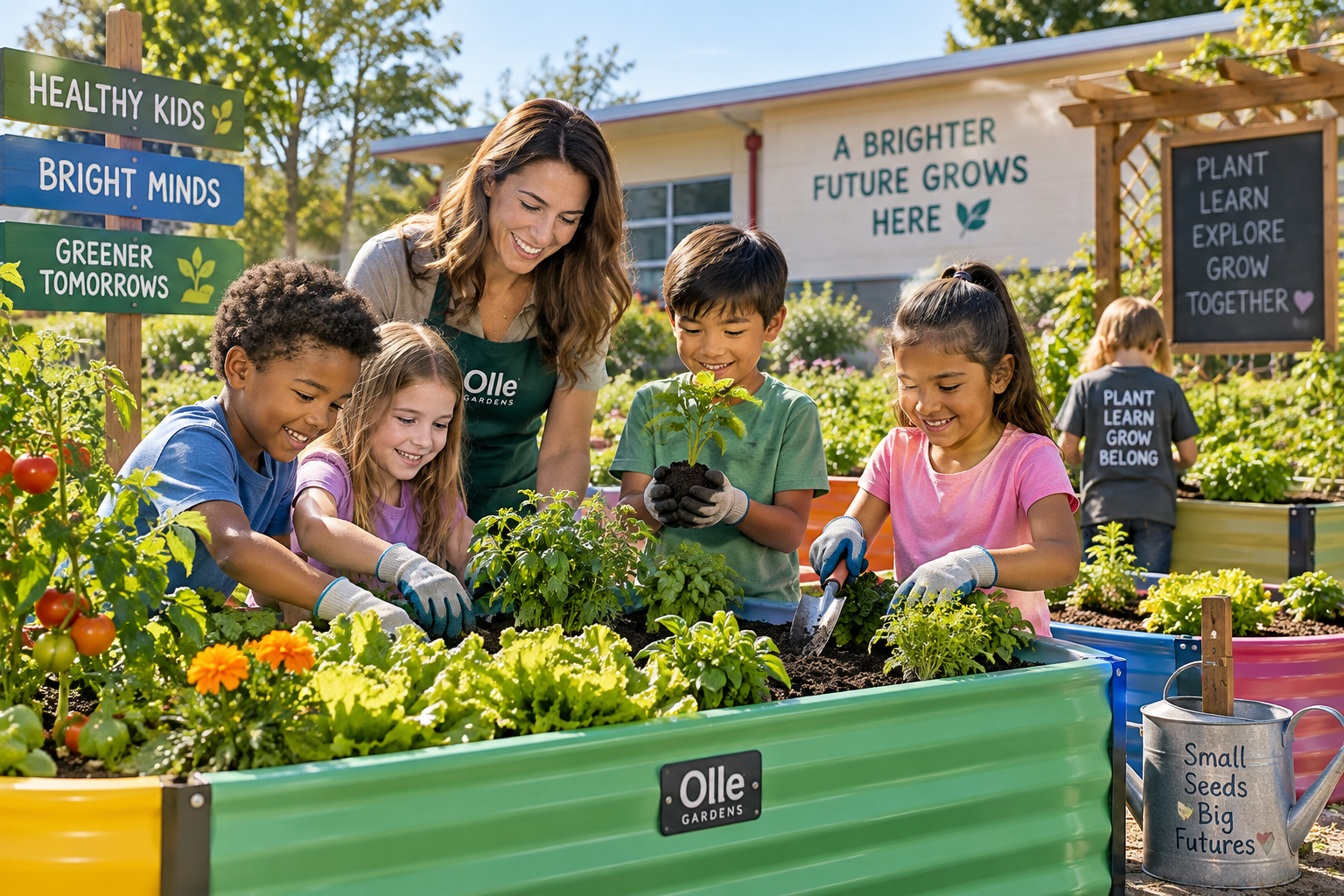Hero-Benefits Elementary-age students and a teacher working together around colorful raised garden beds on a school campus.